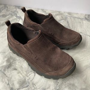 Lands End all weather brown suede slip on moc shoes